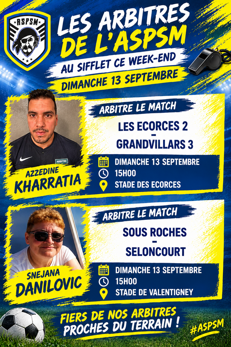 Désignations de nos Arbitres pour le weekend du 12 au 13 septembre 2026