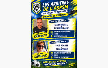Désignations de nos Arbitres pour le weekend du 12 au 13 septembre 2026