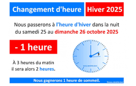 ATTENTION : Changement D'heure dans la nuit du 25 au 26 octobre 2025