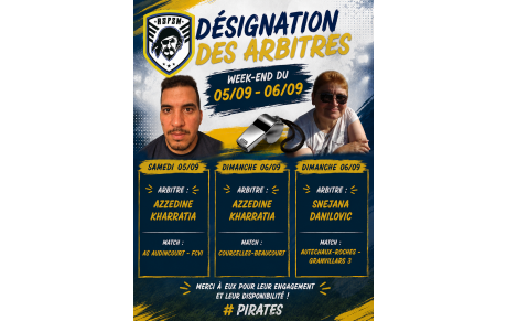 Désignations de nos Arbitres pour les 5 et 6 septembre 2026