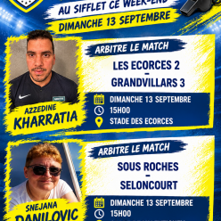 Désignations de nos Arbitres pour le weekend du 12 au 13 septembre 2026